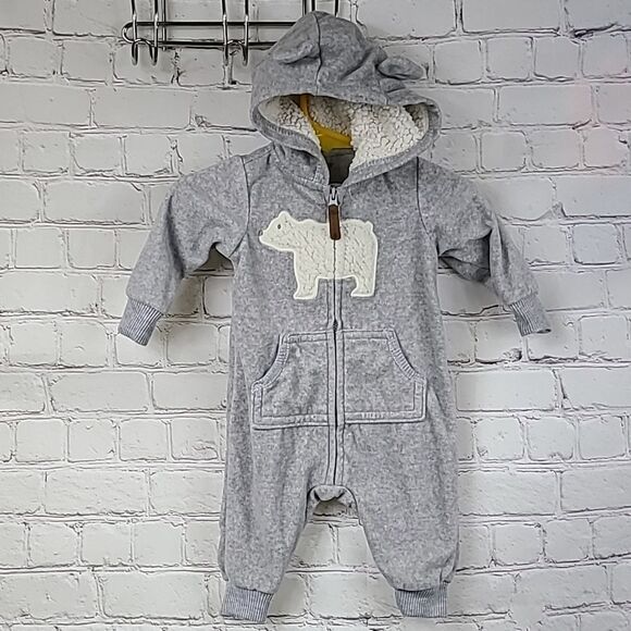 Carters 3M Gray Polar Bear Sherpa Fleece Hoodie One-Piece Jumper Winter Outfit - Picture 8 of 8